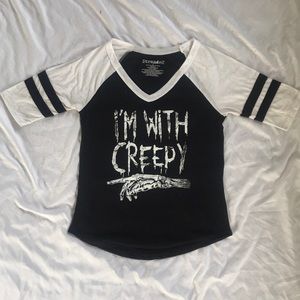 Small black & white baseball tee.